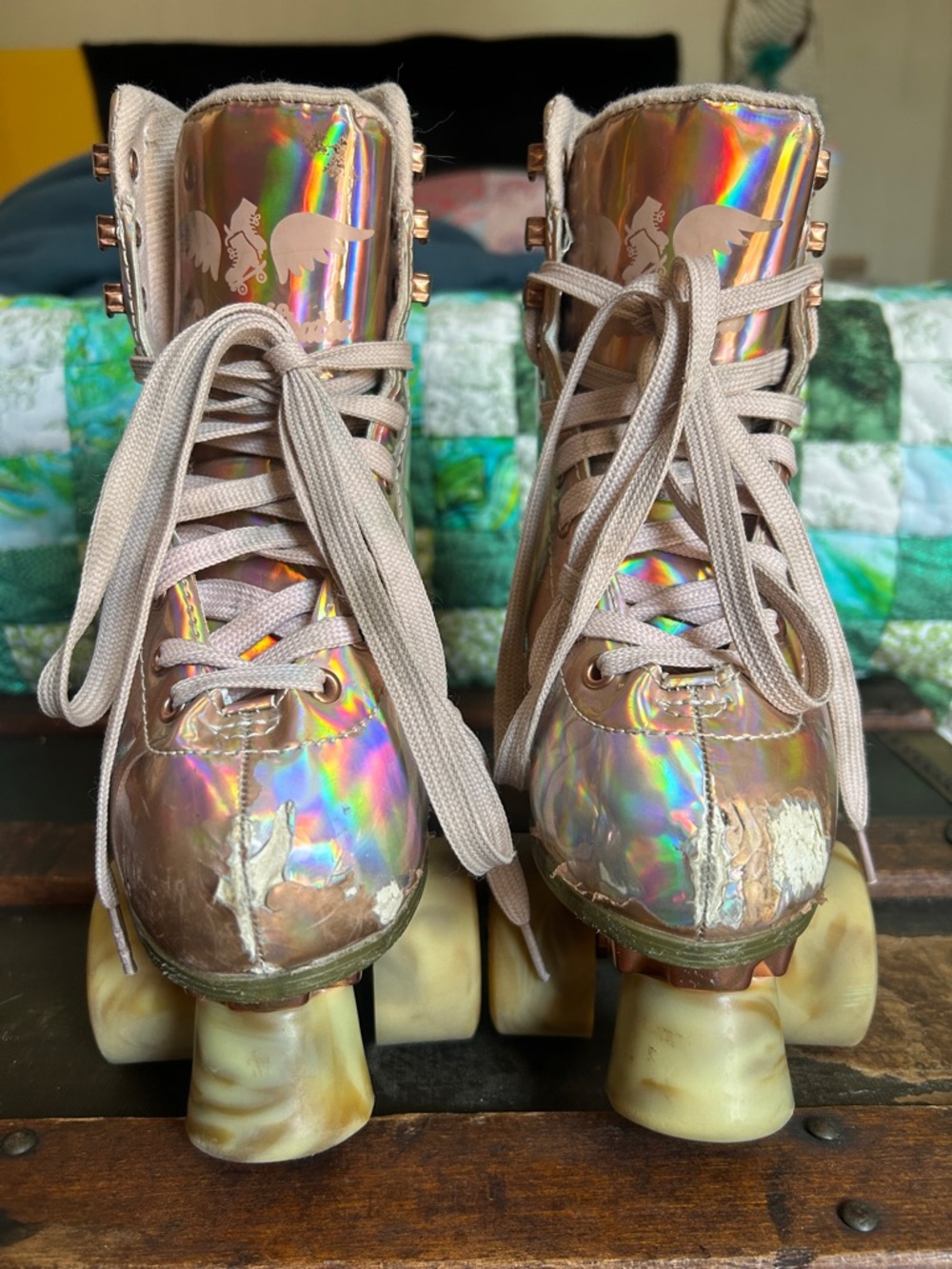 Holographic Pink girl’s Roller Skates - Lace-Up Skate Boots; size 1